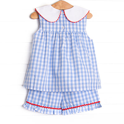 A+ Apple Embroidered Ruffle Short Set, Blue