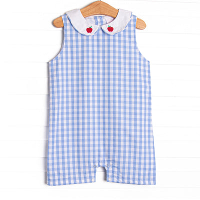 A+ Apple Embroidered Short Romper, Blue