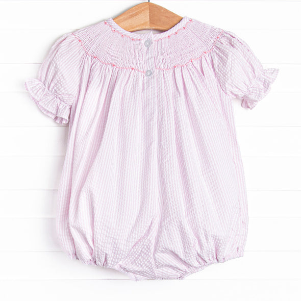 Scalloped Slices Smocked Bubble, Pink Seersucker