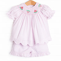 Scalloped Slices Smocked Short Set, Pink Seersucker