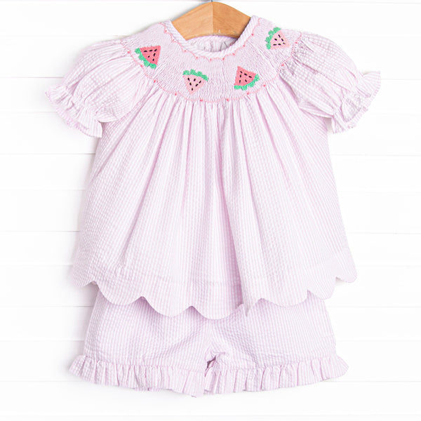 Scalloped Slices Smocked Short Set, Pink Seersucker