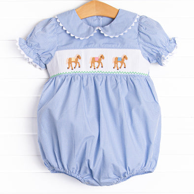 Off to the Races Smocked Girl Bubble, Blue