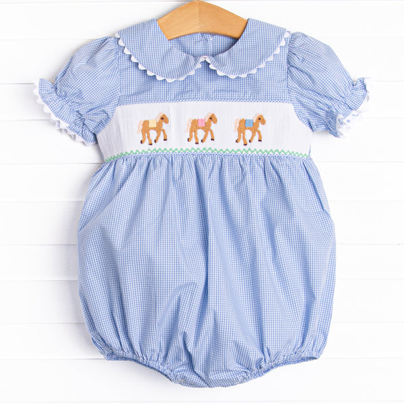 Off to the Races Smocked Girl Bubble, Blue
