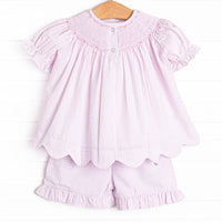 Scalloped Slices Smocked Short Set, Pink Seersucker