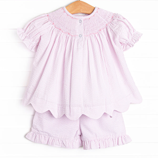 Scalloped Slices Smocked Short Set, Pink Seersucker