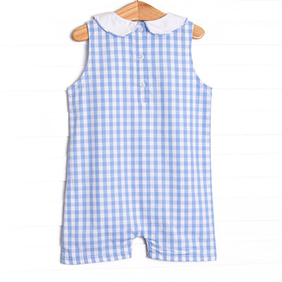 A+ Apple Embroidered Short Romper, Blue