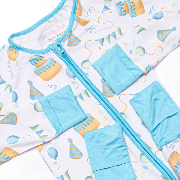 Birthday Bash Bamboo Zippy Pajama, Blue