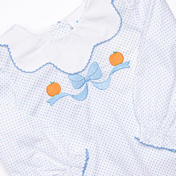 Precious Pumpkins Embroidered Dress, Blue Bitty Dot