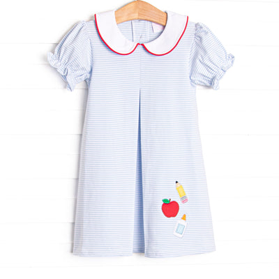 Elementary Essentials Applique Collared Dress, Blue Stripe