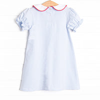 Elementary Essentials Applique Collared Dress, Blue Stripe