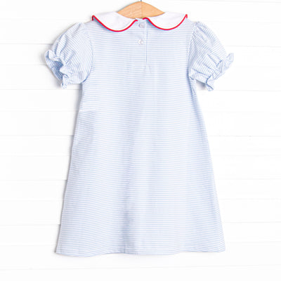 Elementary Essentials Applique Collared Dress, Blue Stripe