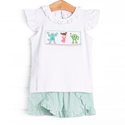 Monster Dreams Smocked Ruffle Short Set, Green