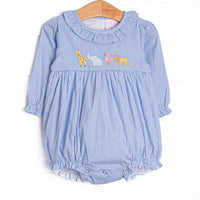This bubble features blue gingham print, ruffle collar, and an applique of giraffe, elephant, and lion.