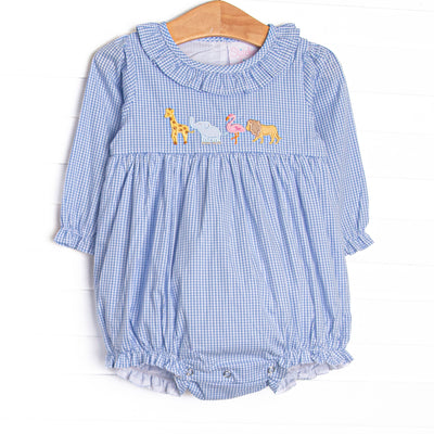 This bubble features blue gingham print, ruffle collar, and an applique of giraffe, elephant, and lion.