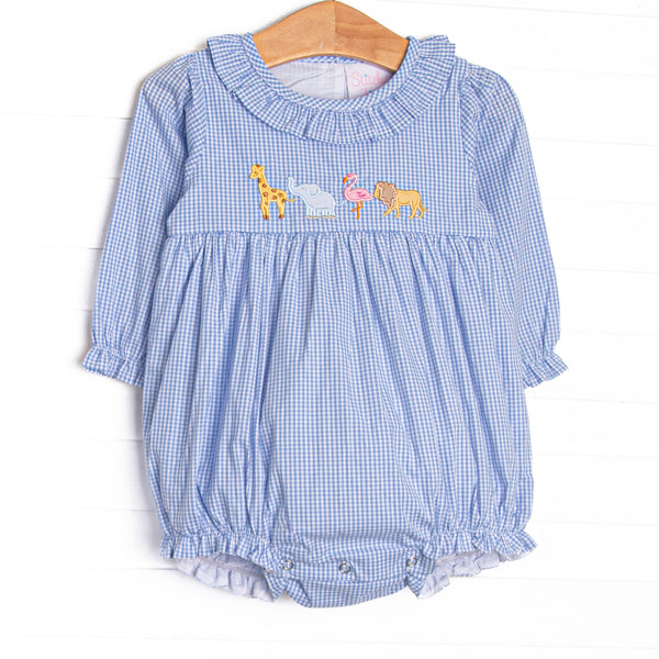 This bubble features blue gingham print, ruffle collar, and an applique of giraffe, elephant, and lion.