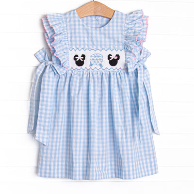 Amusement Park Mouse Smocked Side Tie Dress, Blue