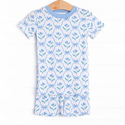 Blue Geranium Bows Bamboo Pajama Short Set, Blue