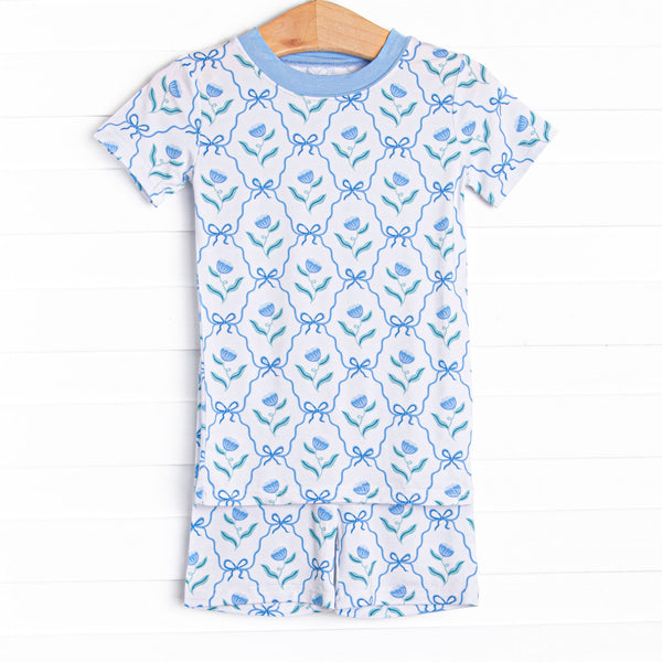 Blue Geranium Bows Bamboo Pajama Short Set, Blue