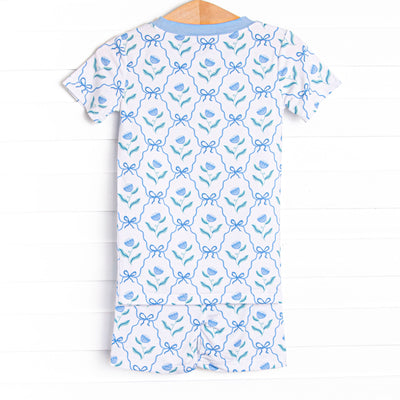 Blue Geranium Bows Bamboo Pajama Short Set, Blue