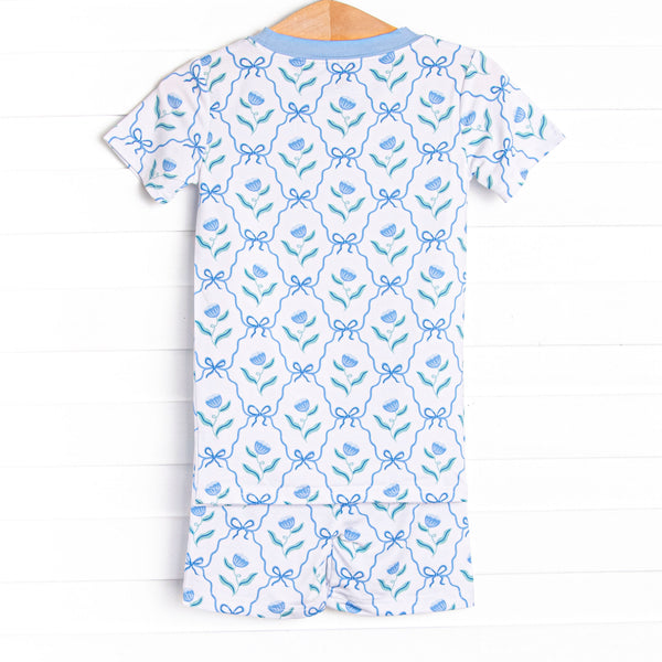 Blue Geranium Bows Bamboo Pajama Short Set, Blue