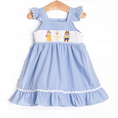 Girl's Blushing Beauty Smocked Dress in Blue Gingham size 7 | Stitchy Fish Girl's Blushing Beauty Smocked Dress in Blue Gingham size 7 | Stitchy Fish