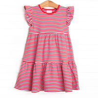The dress features a precious flutter sleeve, sweet red stripes, and soft knit material.