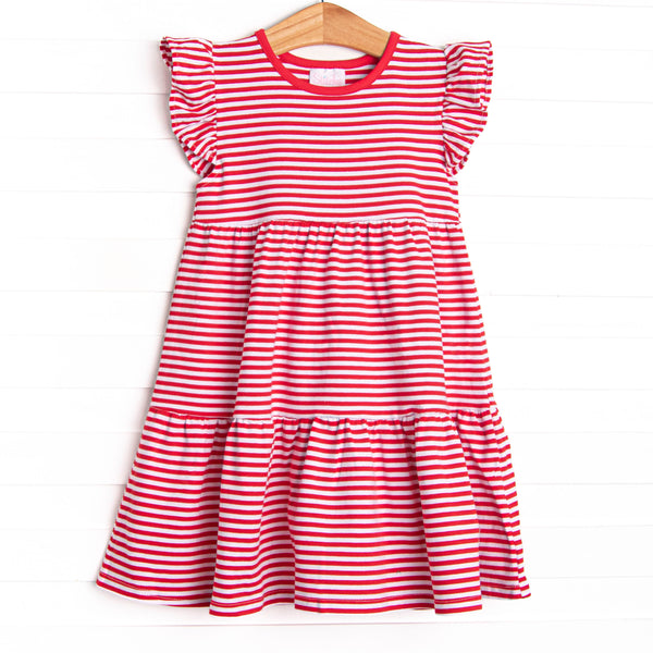 The dress features a precious flutter sleeve, sweet red stripes, and soft knit material.