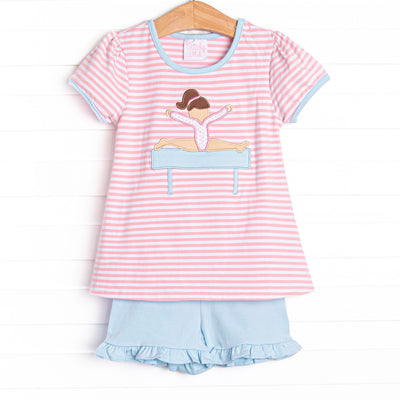 Balance Beam Applique Short Set, Blue and Pink Stripe