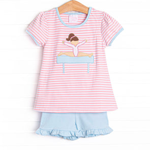 Balance Beam Applique Short Set, Blue and Pink Stripe