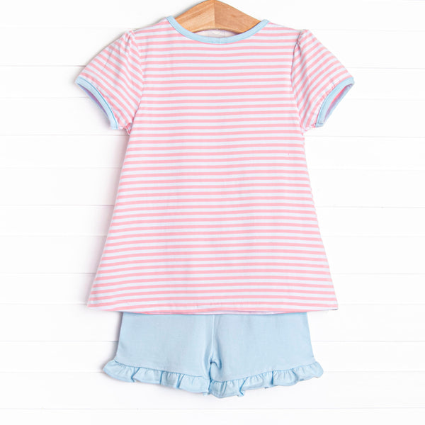 Balance Beam Applique Short Set, Blue and Pink Stripe