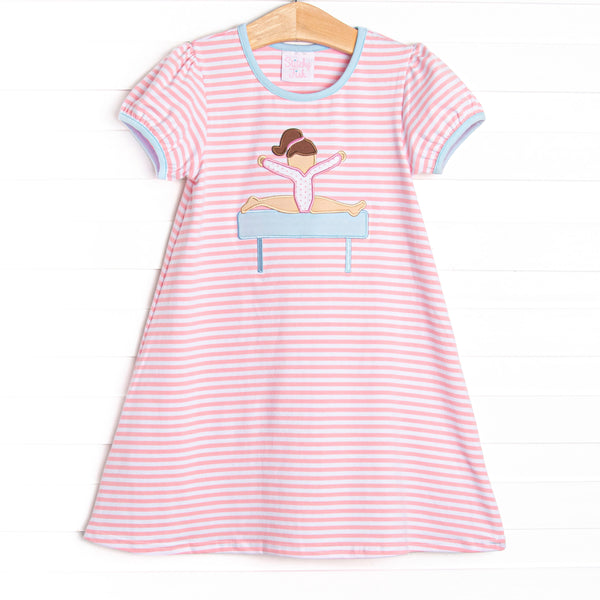 Balance Beam Applique Dress, Blue and Pink Stripe