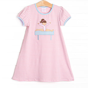 Balance Beam Applique Dress, Blue and Pink Stripe