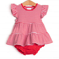  The set features red stripes, flutter sleeves, and red knit diaper cover. 