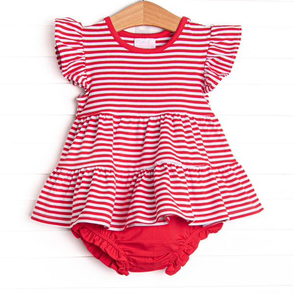  The set features red stripes, flutter sleeves, and red knit diaper cover. 