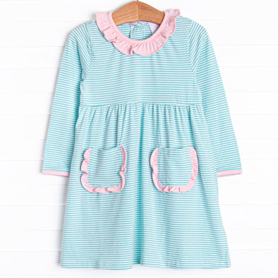 Amelia Ruffle Dress, Pink and Mint Stripe