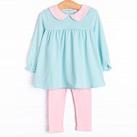 This set features a mint green stripes, a pink peter pan collar, and matching pink leggings.