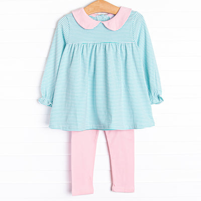 This set features a mint green stripes, a pink peter pan collar, and matching pink leggings.