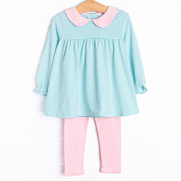 This set features a mint green stripes, a pink peter pan collar, and matching pink leggings.