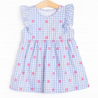 Gerbera Daisy Gingham Embroidered Dress, Blue