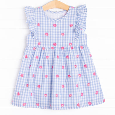 Gerbera Daisy Gingham Embroidered Dress, Blue