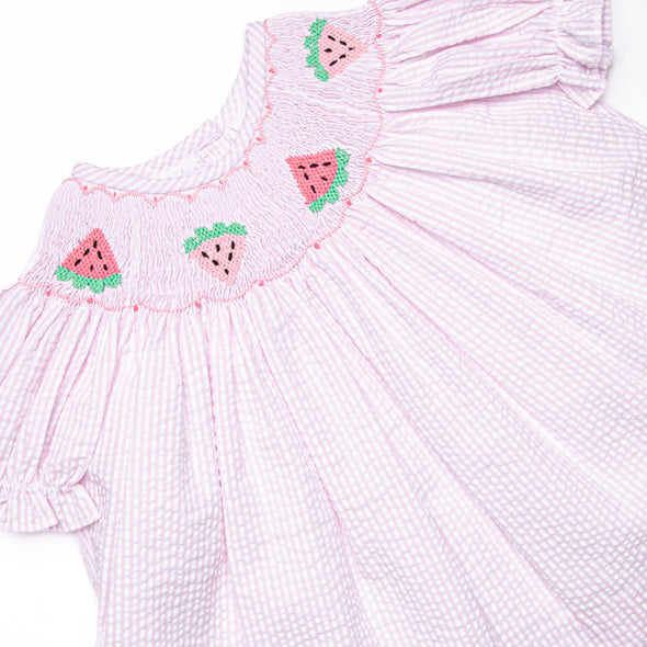 Scalloped Slices Smocked Bubble, Pink Seersucker