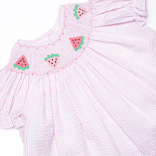 Scalloped Slices Smocked Short Set, Pink Seersucker
