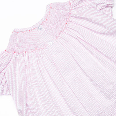 Scalloped Slices Smocked Short Set, Pink Seersucker