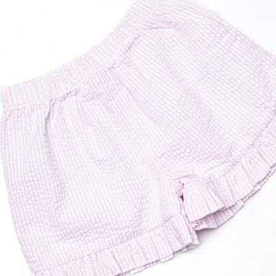 Scalloped Slices Smocked Short Set, Pink Seersucker