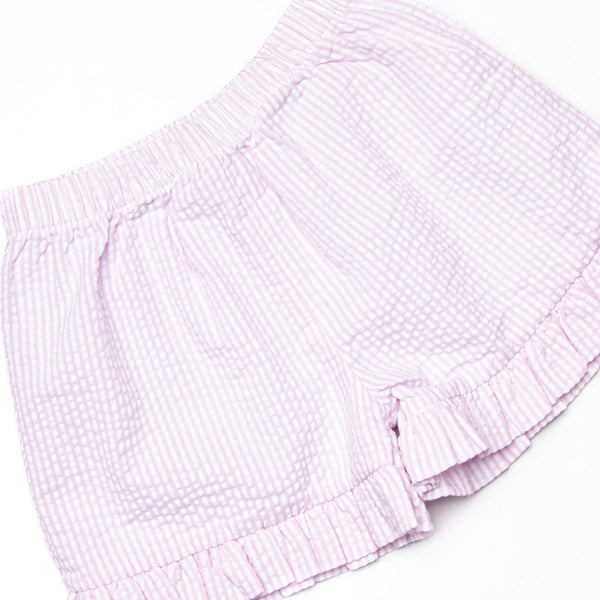 Scalloped Slices Smocked Short Set, Pink Seersucker