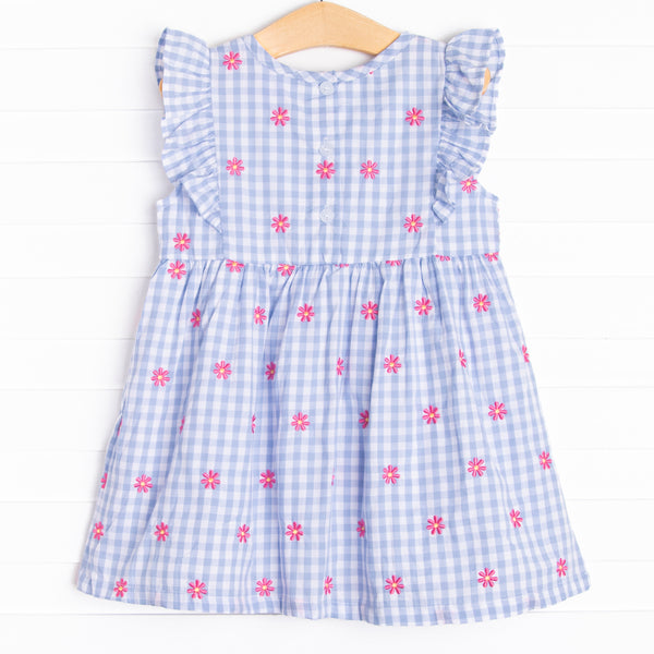 Gerbera Daisy Gingham Embroidered Dress, Blue