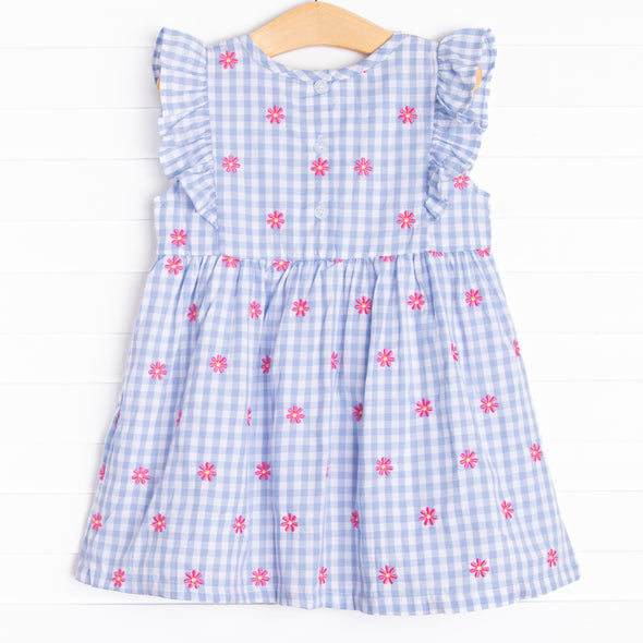 Gerbera Daisy Gingham Embroidered Dress, Blue