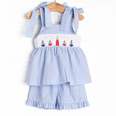 Beach Beacon Smocked Ruffle Short Set, Blue