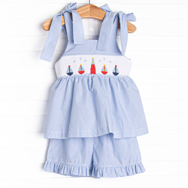 Beach Beacon Smocked Ruffle Short Set, Blue