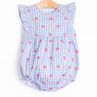 Gerbera Daisy Gingham Embroidered Bubble, Blue